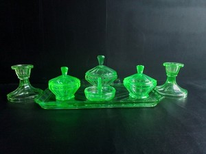 vintage green glass dressing table set Art Deco 1930s Dressing Table Set, Green with Uranium Glow *RARE FIND*