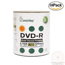 1800 Smartbuy DVD-R DVDR 16X Blank Record Disc White Thermal Printable Surface