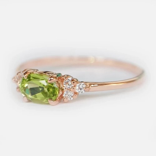 Dainty Oval Cut Natural Peridot 14K Rose Gold Plated 925 Silver Engagement Ring - Picture 6 of 7