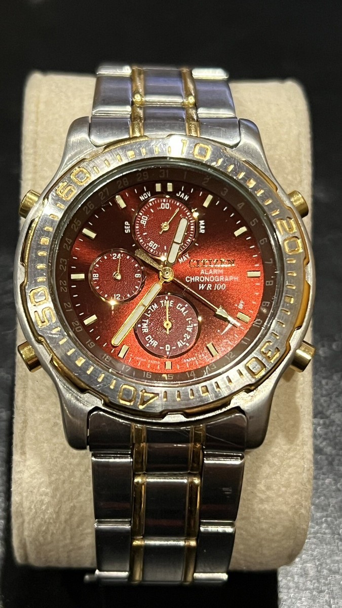 CITIZEN 6850-G81104 ALARM Chronograph WR100 Two Tone Red Dial Gold