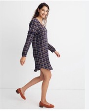 MADEWELL cotton gauze plaid ruffle V-Neck Shirt Dress Women's XS