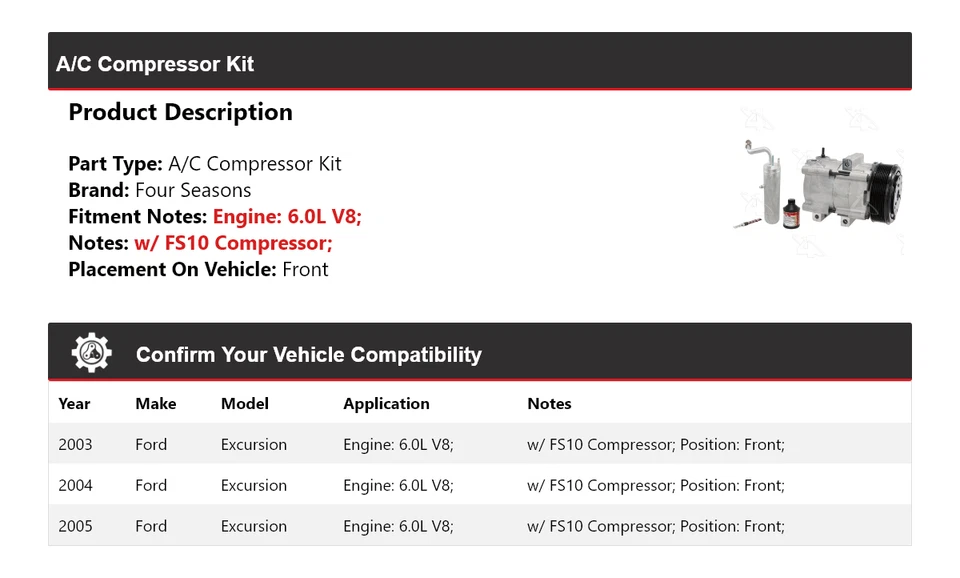 Kit de compresor de aire acondicionado delantero 4 estaciones 2004 para Ford Excursion 2003-2005 6,0 L V8 Foto 2 de 4