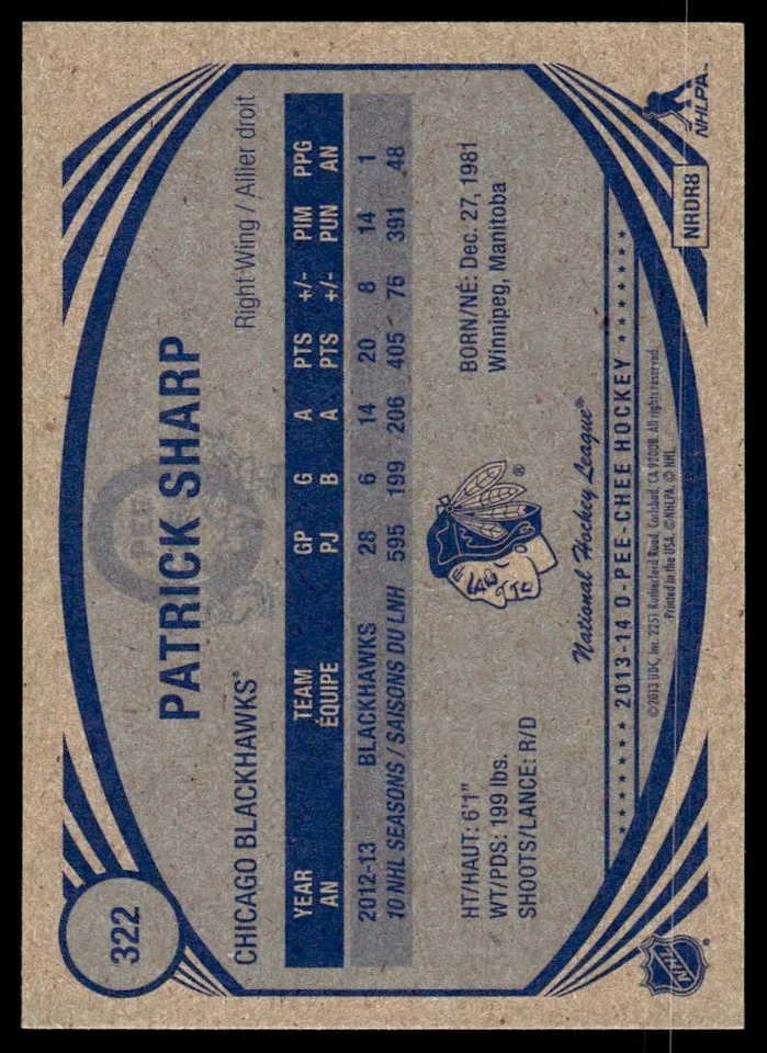 2013-14 O-Pee-Chee RETRO Patrick Sharp Chicago Blackhawks #322 R107 - Image 2 of 2