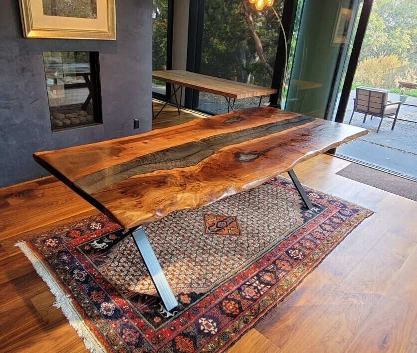 Epoxy Resin River Table with Walnut Wood Top Large Live Edge Dining Table