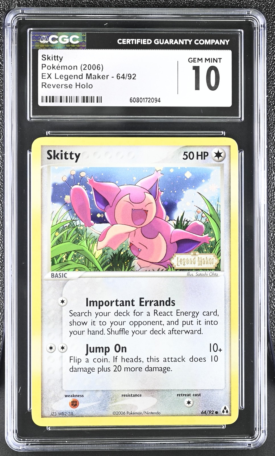 CGC 10 Skitty 2006 EX Legend Maker 64/92 Reverse Holo Stamped Pokemon Card