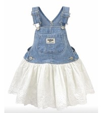 Oshkosh B'gosh Baby Girl 18M Denim Overall Jumper Dress White Eyelet Lace Skirt