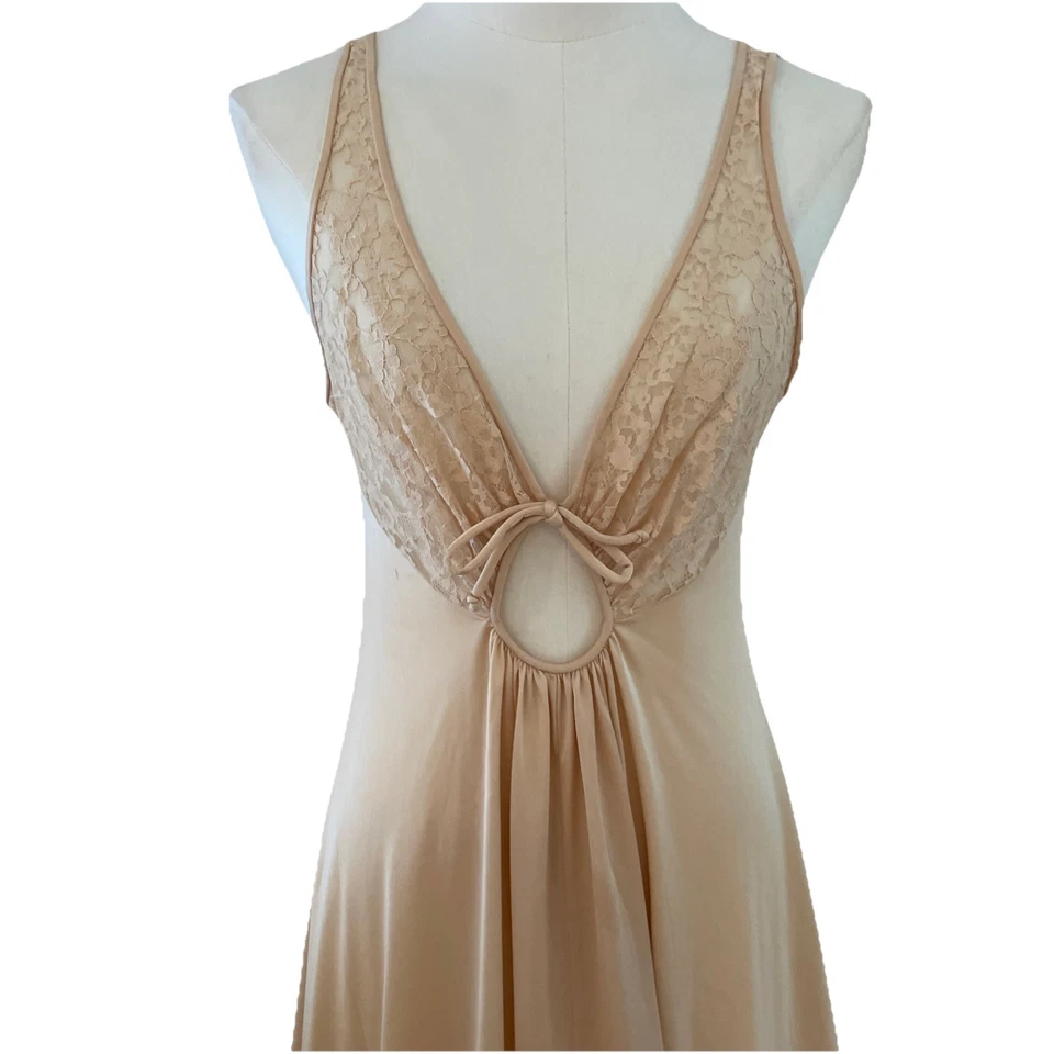 Camisón largo vintage Olga de barrido completo talla 36 caramelo nailon encaje romántico Foto 2 de 4