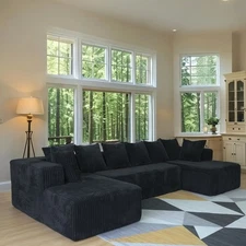 SOULART 130 U L-Shaped Cloud Couch, Boneless couch 5-Seater Corduroy Sofa,Black