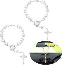 2-Piece Car Rosary for Rearview Mirror, Hanging Bead and Cross Ac Color: White