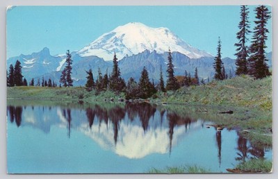 Vintage Mount Rainier Postcard from Chinook Pass with Lake Reflection