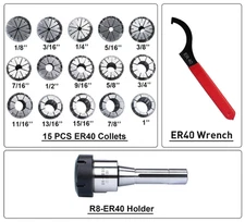 Buyohlic 15 Pc ER40 Precision Collet Set with R8 Bridgeport Shank Holder &