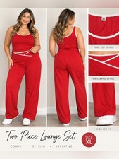 Two-Piece Red Lounge Set - Tank  Wide-Leg Pants