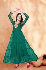 Women  s Green Georgette Embroidered Gown  Full Stitched Dress
