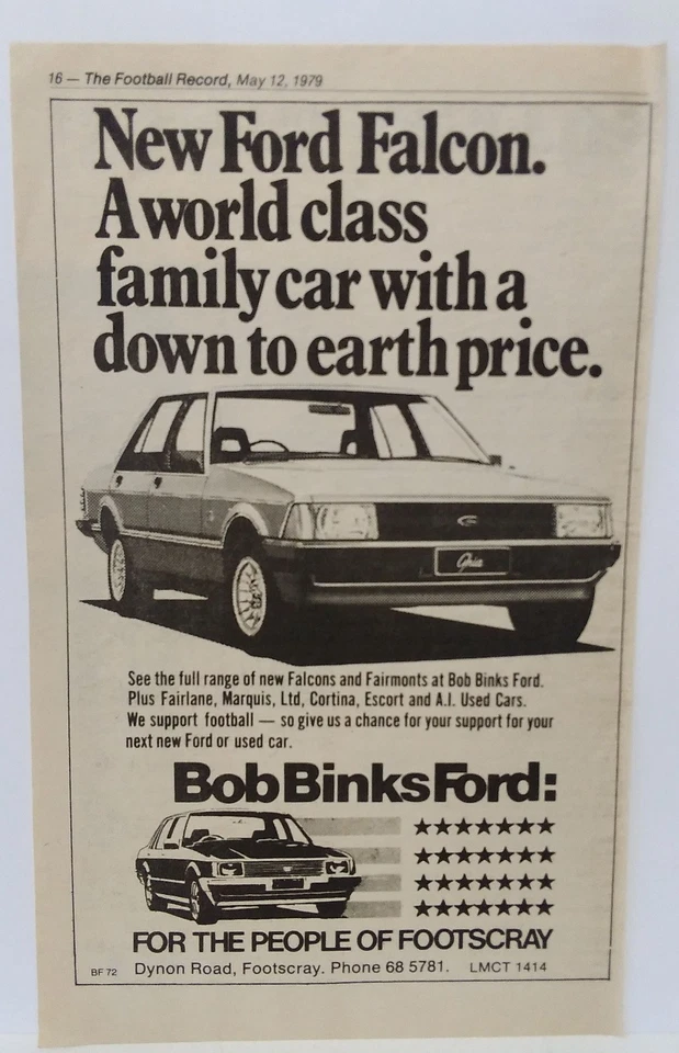 Vintage 1979 Bob Binks Ford Single Page AFL Football Record Advertisement - image 1 of 2