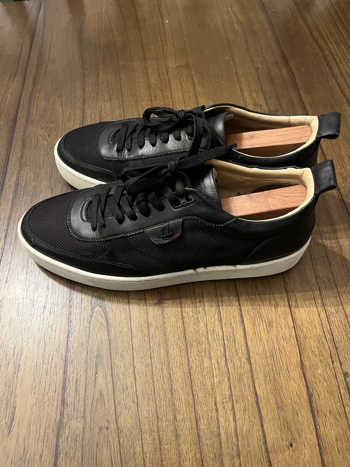 Christian Louboutin Black Leather and Mesh Happyrui Low Top Sneakers Size 13 US image 3