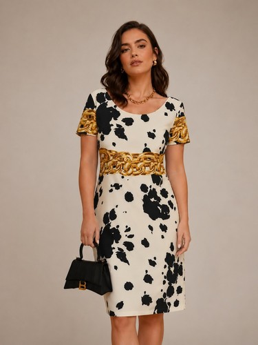 Moschino Boutique Animal Chain Print Crepe Short Sleeve Dress Size L UK12 US10