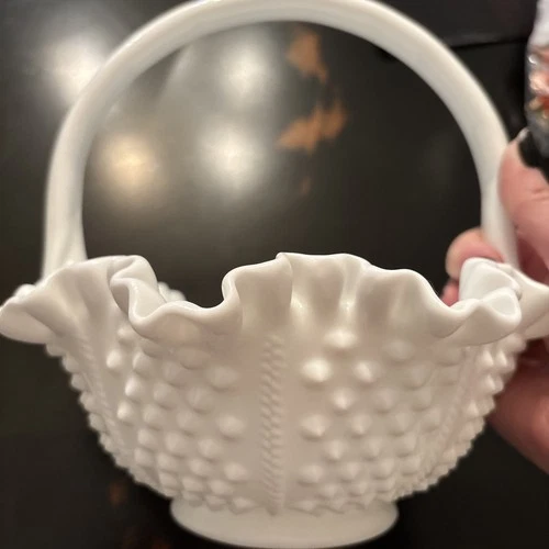8" FENTON Hobnail Milk Glass Round Double Crimped Footed Basket