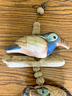 Hazel Olsen Toucan Wind Chime Pottery 3 Birds Driftwood VTG Tiki