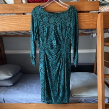 Tahari Arthur S. Levine Teal Floral Lace Sheath Dress Boat Neck Long Sleeve 8