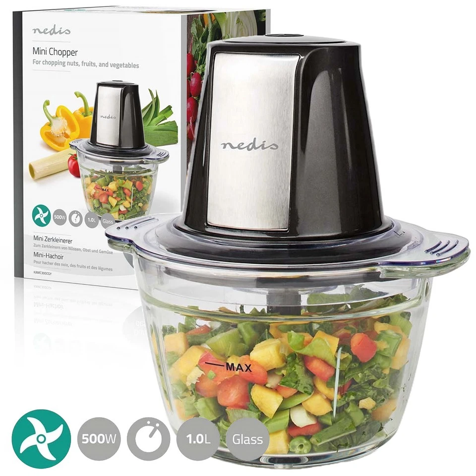 NEDIS TRITATUTTO PROFESSIONALE POTENTE DA 500 WATT 1 LITRO VETRO E LAMA ACCIAIO