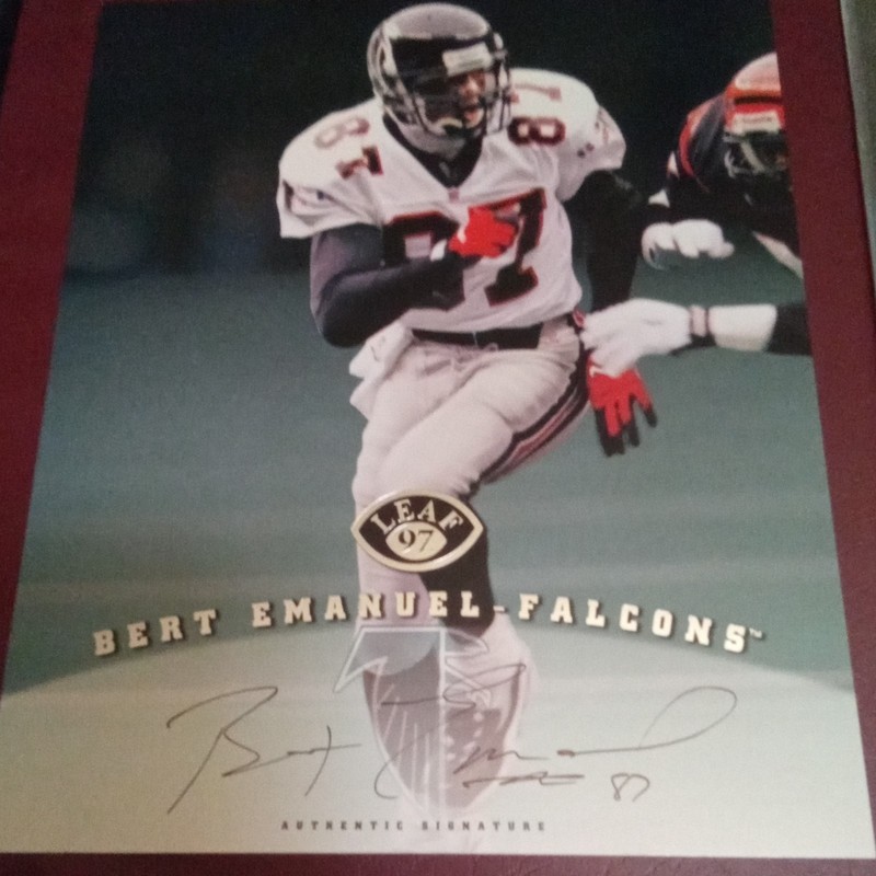 Bert Emanuel Atlanta Falcons Autographed 1997 leaf 8x10 authentic signatures