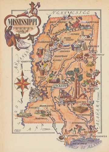 Mississippi small state map by Jacques Liozu 1946 old vintage plan chart