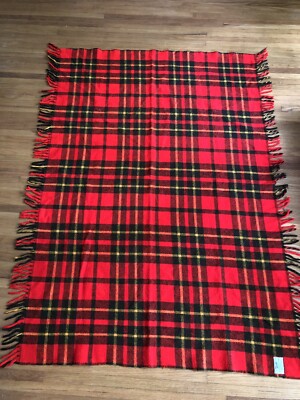 Vintage Faribo Blanket Plaid Throw Fringe Red Fluff Loomed 41 x 60 Faribault MN