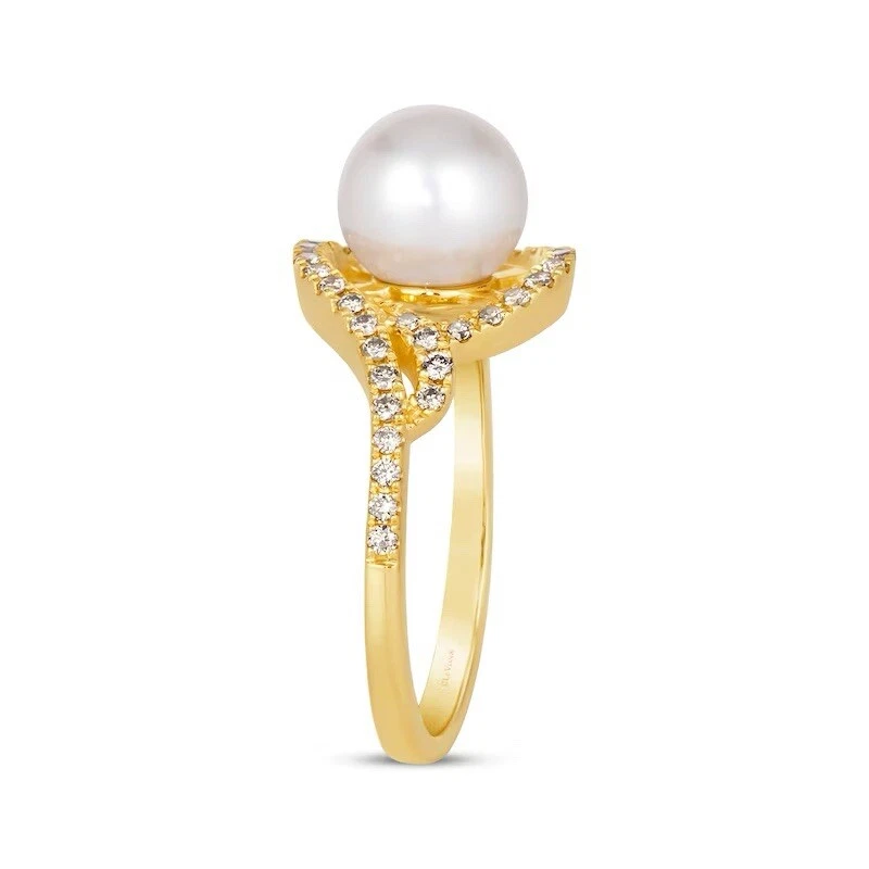 Anillo LeVian Perla Cultivada Remolino 1/3 Ct Dos Diamantes Oro Miel 14K Foto 2 de 4