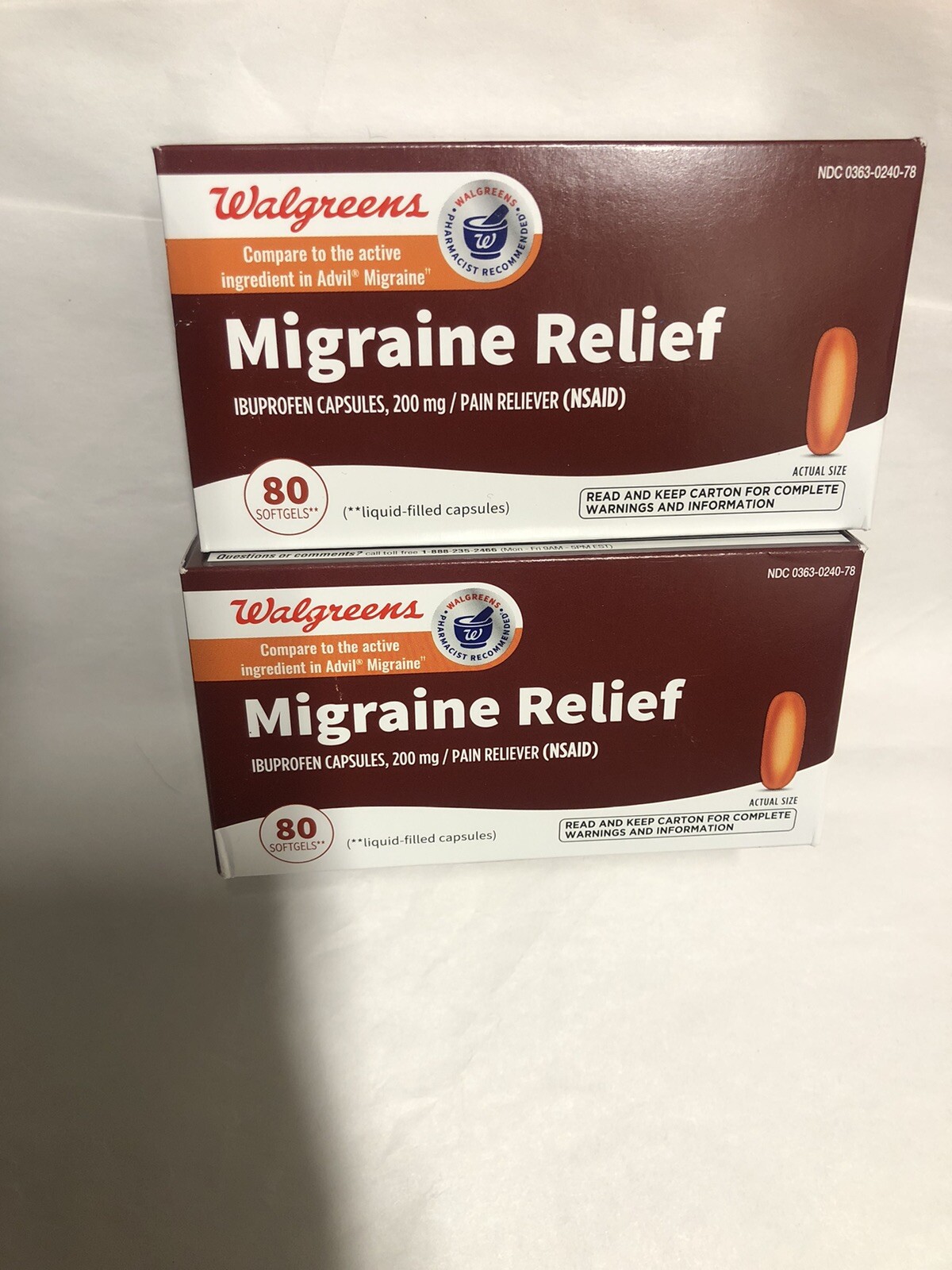 Walgreens Migraine Relief 80 Softgels Ibuprofen Capsule 200mg Pain Reliever 6/21 for sale online