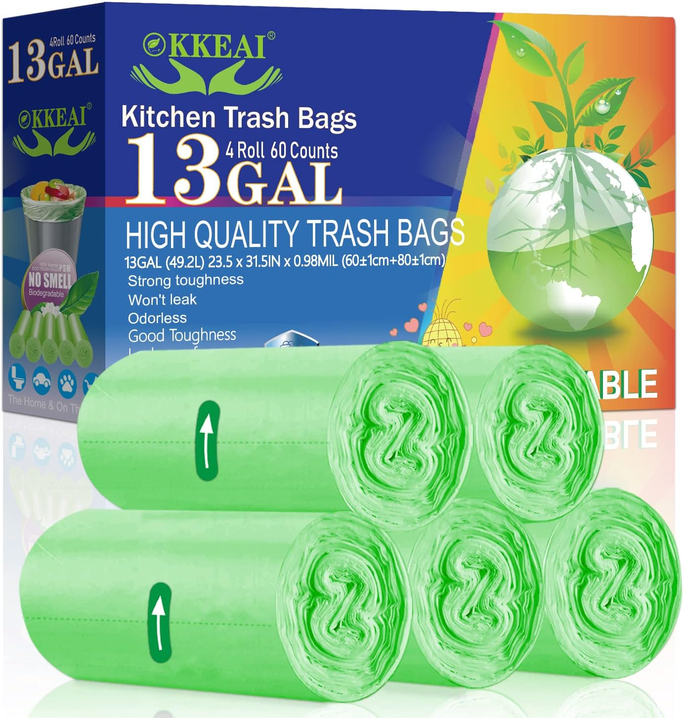 Large Garbage Bags 13 Gallon Tall Kitchen Green Trash Bags 49 Liter Bin Liners f