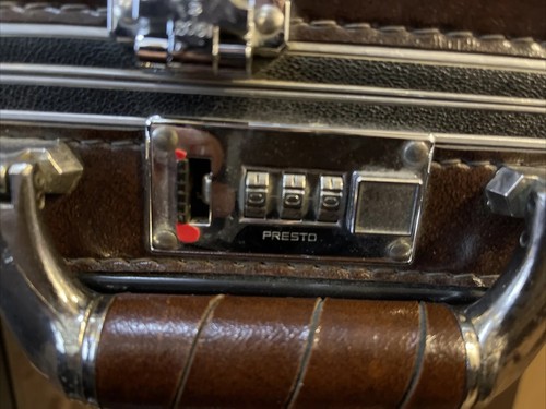 Vintage Leather Presto Briefcase Brown Combo Lock Luggage 007 Black Silver Bands - Picture 6 of 24