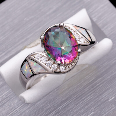 8x10 Oval Mystic Topaz White Fire Opal Silver Jewelry Bypass Ring Size 7 8 9 10