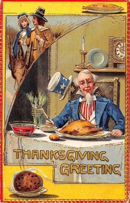 Thanksgiving Greeting with Uncle Sam having turkey dinner ...