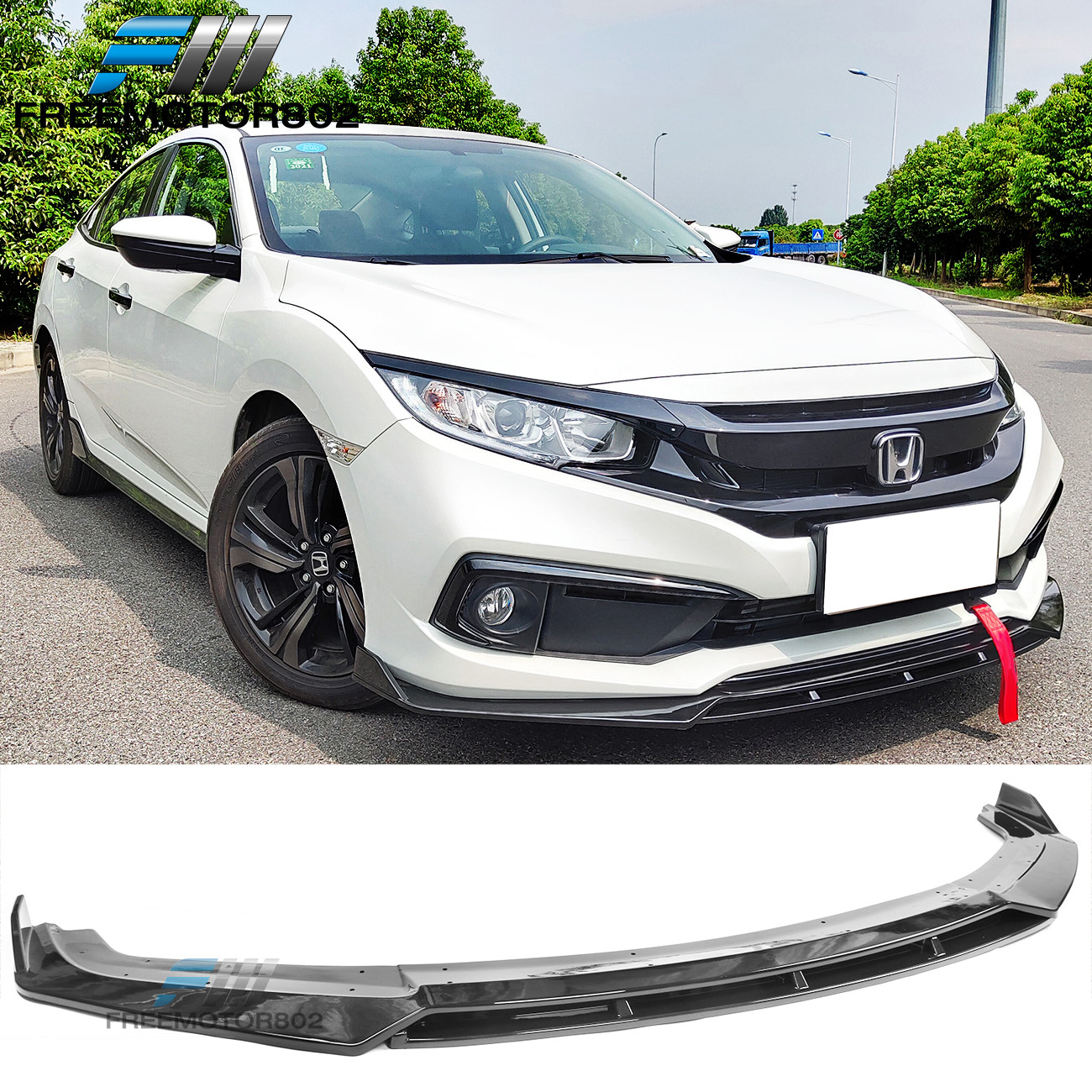Fits 19-21 Honda Civic Front Bumper Lip Spoiler Gloss Black IKON V3 Style 2PC
