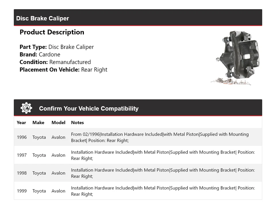 Pinza de freno de disco trasera derecha cardone 1997 1998 para Toyota Avalon 1996-1999 Foto 2 de 4