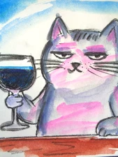 OOAK  -  Original KITTY CAT  WINE "CHEERS"   Watercolor  Painting