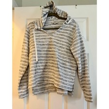 LOFT Outlet Lounge White  Gray Striped Knit Hooded Pullover Sweater - XS