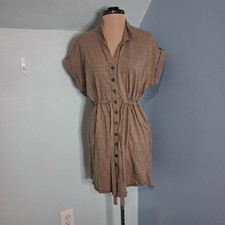 Neon Buddha Taupe Brown Cotton Button Front Drawstring Waist Shirt Dress Small