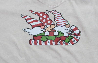 Life is Good Christmas Gnomes on Sled Toboggan Crusher V neck T shirt NWT XL