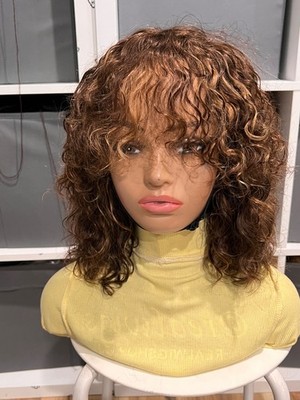 Human hair bang blondish curly wig. Ready to ship.