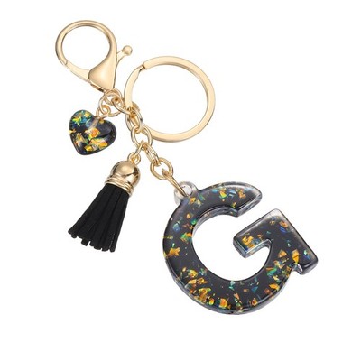 For Initial Letter Keychain Charmino Letter G Shiny with Tassel and Black Flower