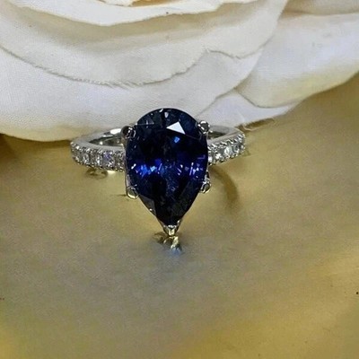 4.50 Ct Pear Cut Natural Sapphire & Diamond Wedding Ring 14K White Gold Size All
