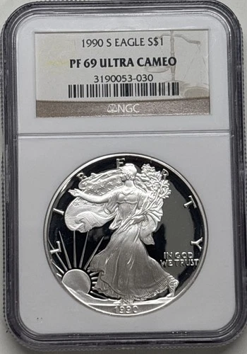 1990-S Proof $1 American Silver Eagle NGC PF69 Ultra Cameo Vintage Brown Label