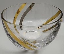 Vintage Bohemia Crystalex Glass Bowl Silver Gold Swirl Stripes Czechoslovakia 3”