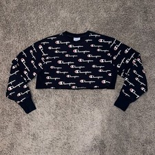 Champion Reverse Weave Cropped Crop Top Cut Off Crew-Fit All Over Logo Sz Medium