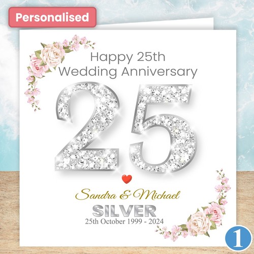 Personalised Silver 25th Wedding Anniversary Card Heart Love Wife Husband Couple - Picture 4 of 8