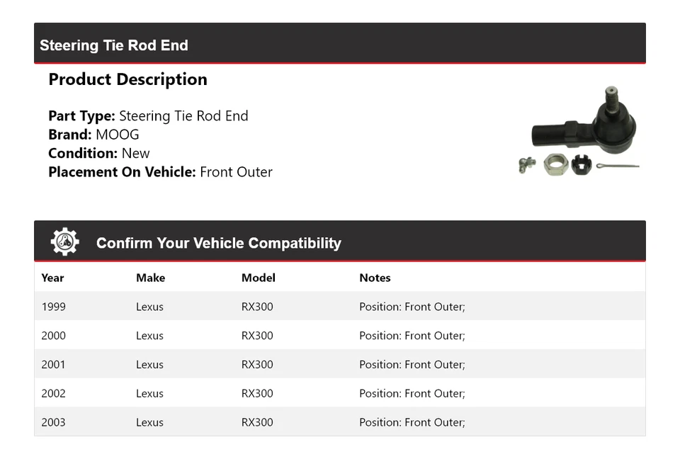 Extremo de barra de dirección exterior delantero MOOG 1999 2000 2001 para Lexus RX300 1999-2003 Foto 2 de 4