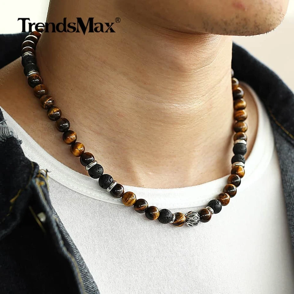 Collar gargantilla 8 mm natural ojo de tigre jaspe cuentas lava hombres mujeres regalo 18 pulgadas Foto 2 de 4