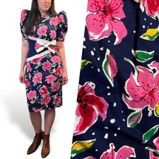 80s Vintage Navy Blue & Pink Floral Puff Sleeve Midi Dress David Mitchell Bow M