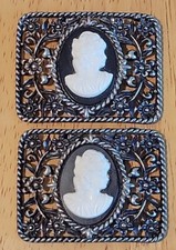 Vintage Signed Tip Toe Black  White Cameo Shoe Clips Silver Tone Floral EUC